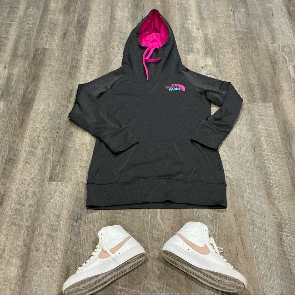 The North Face Charcoal Hoodie with Bright Pink Details